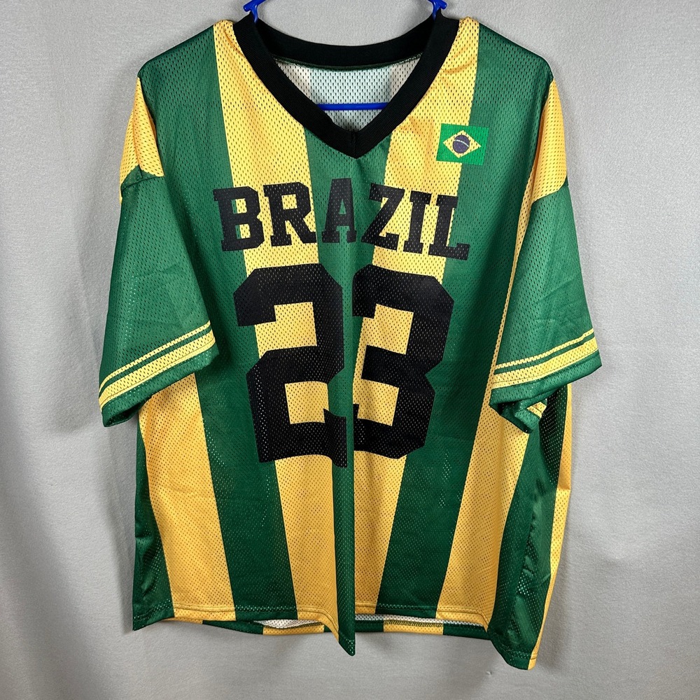 Shein Jersey Mens XL Green Brazil 23 Striped Mesh Soccer World Cup Festival Vac